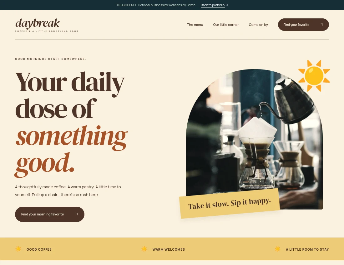 Daybreak Coffee concept: a warm yellow cafe website with coffee photography