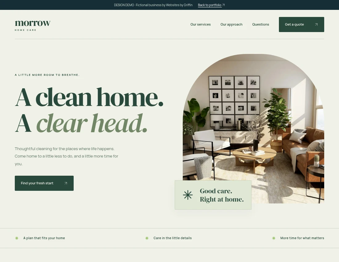 Morrow Home Care concept: a calm green and cream website with a sunlit home